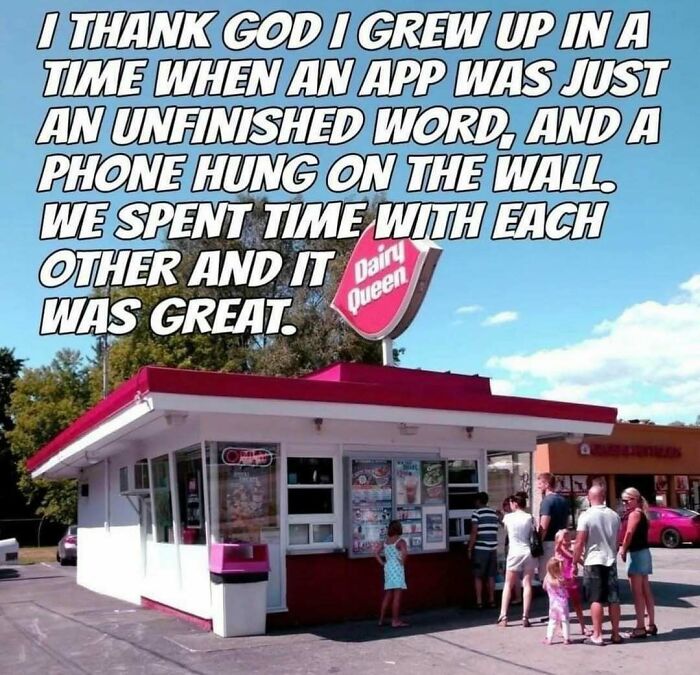 People waiting in line at a Dairy Queen, reminiscing about growing up in the good old days of the 80s.