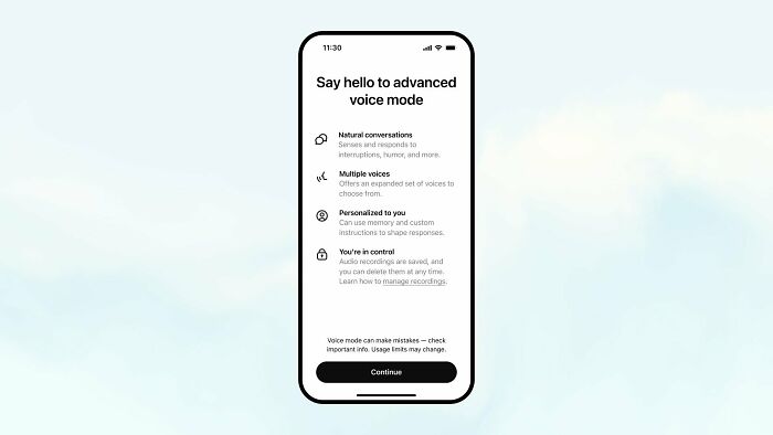 Smartphone screen showing advanced voice mode features including natural conversations and personalized responses.