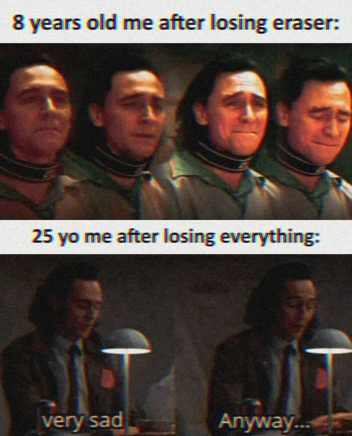 Two-panel meme showing emotional reaction differences between ages 8 and 25, highlighting relatable casual nihilism memes.