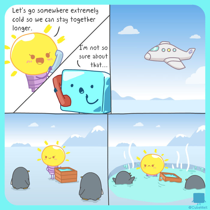 Cute comic about the struggles of an ice cube flying to a cold place but melting while trying to stay together with the sun.