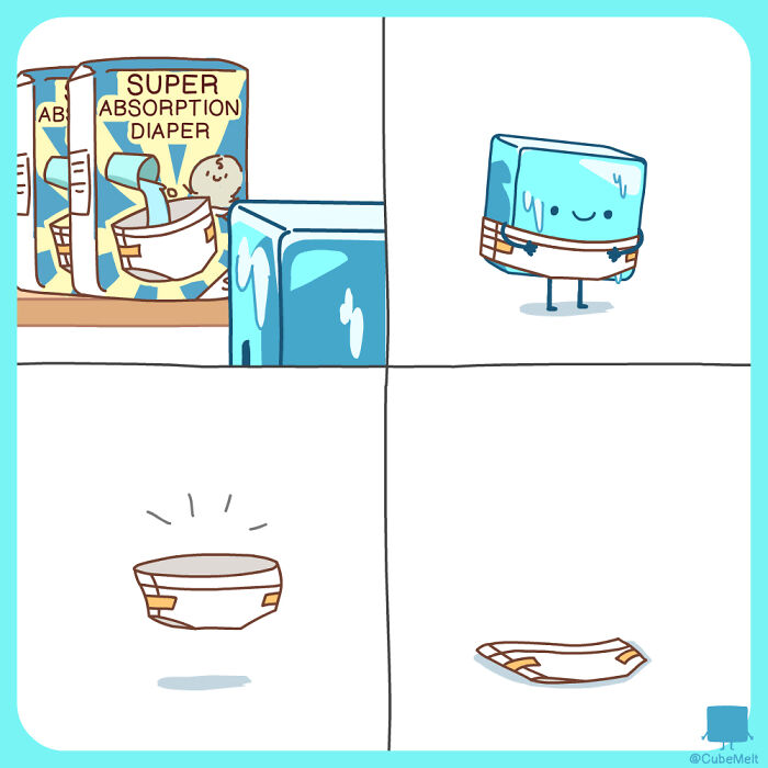 Cute comic of an ice cube wearing a diaper and melting, illustrating struggles of an ice cube with humor.