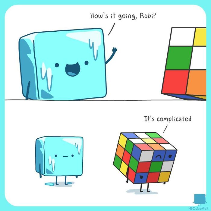 Comic of a smiling ice cube greeting a Rubik's cube, showing the struggles of an ice cube in a humorous style.