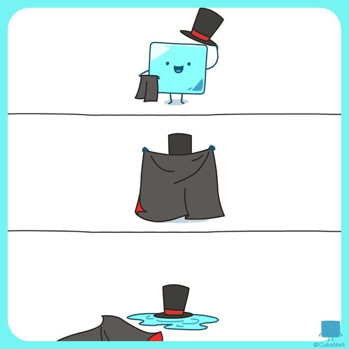 Comic panels showing a cute ice cube character struggling with melting while wearing a top hat and cape.