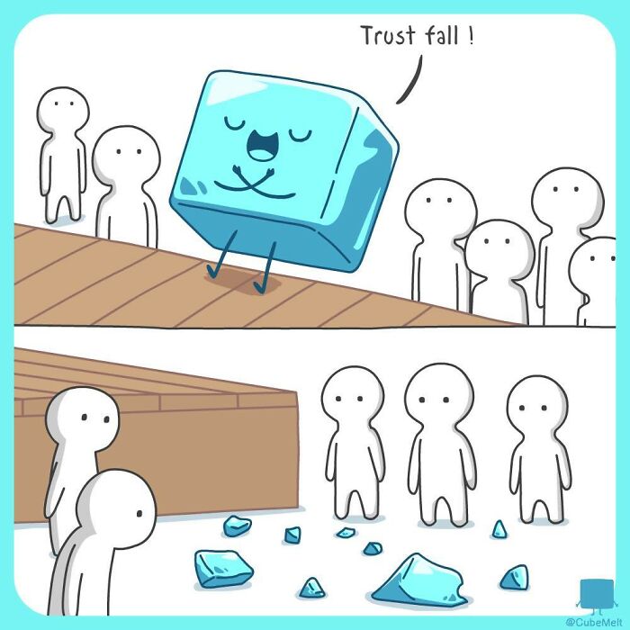 Comic style illustration of an ice cube doing a trust fall and shattering, depicting the struggles of an ice cube.