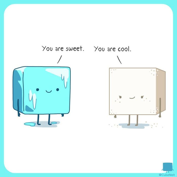 Cute comic featuring an ice cube and sugar cube illustrating the struggles of an ice cube with humor and charm.