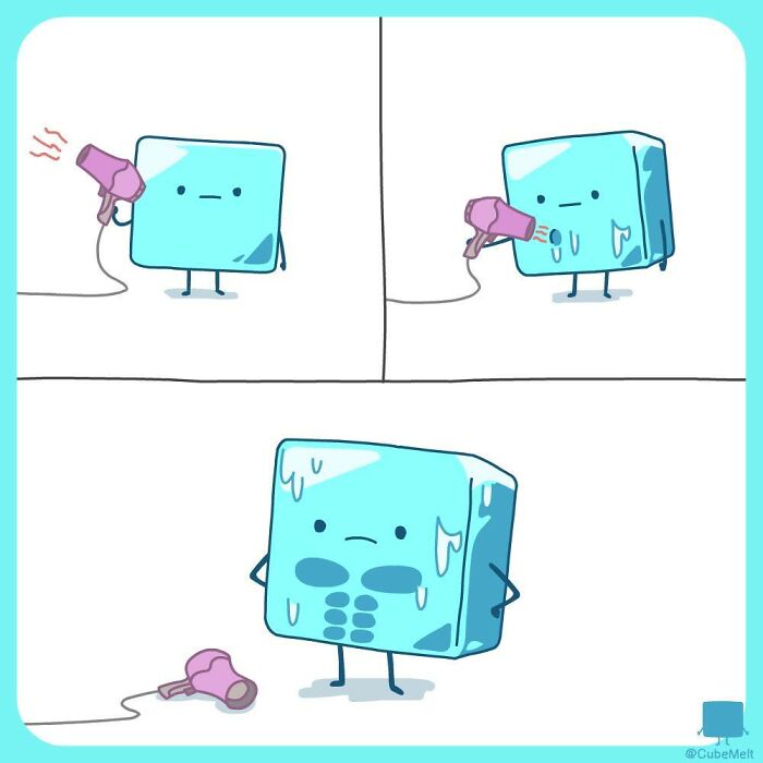 Comic strip showing an ice cube character struggling and melting while using a hairdryer, illustrating ice cube struggles.