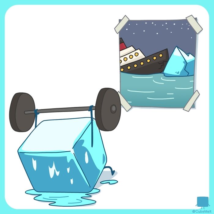Ice cube lifting weights while looking at a poster of a ship and iceberg, depicting struggles in a comic style.
