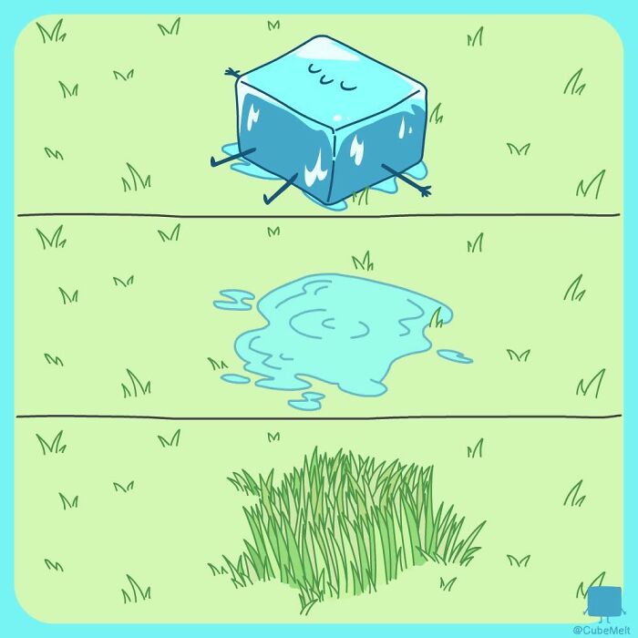 Comic strip showing the struggles of an ice cube melting and disappearing on grass in three panels.