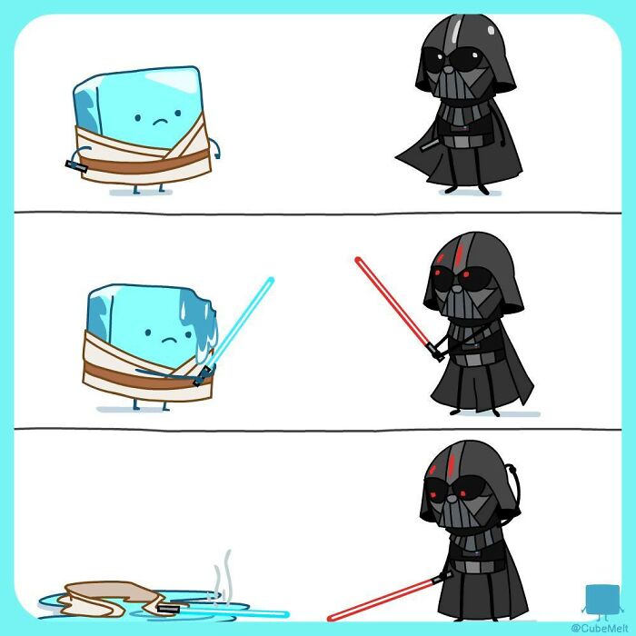 Comic panels showing the struggles of an ice cube facing a Darth Vader character with lightsabers in a humorous fight.