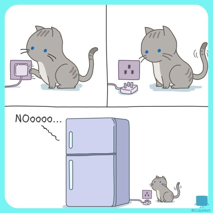 Comic panels showing a cat unplugging a refrigerator, highlighting struggles in comics about an ice cube.