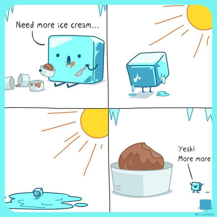 Comic strip showing an ice cube struggling with melting while craving more ice cream under the sun.