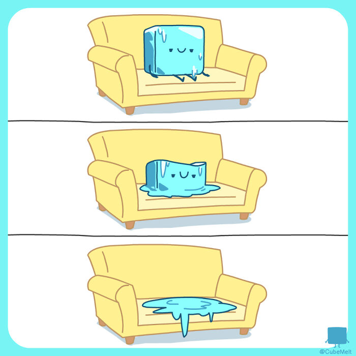Comic strip showing an ice cube on a couch melting progressively, illustrating the struggles of an ice cube.