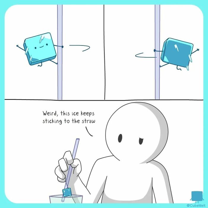 Cartoon ice cubes struggling with sticking to a straw in a comic about the challenges of an ice cube.