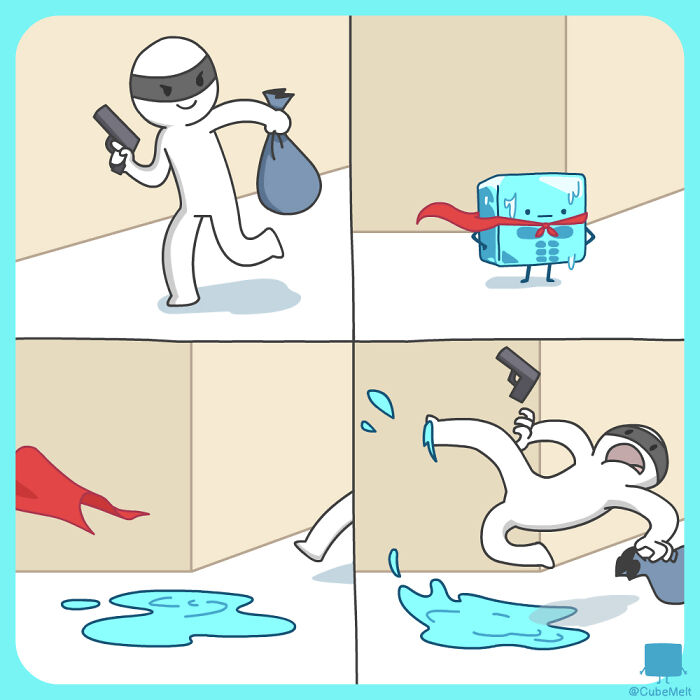 Comic panels showing an ice cube superhero melting and a masked thief slipping on the melted water in a struggle-themed comic.