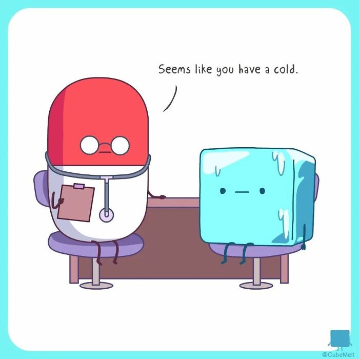 Comic of an ice cube visiting a doctor pill character, highlighting the struggles of an ice cube in humorous style.