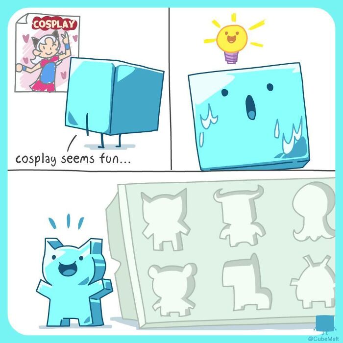 Comic panels showing an ice cube imagining cosplay and facing struggles, illustrating the newest comics about an ice cube's life.