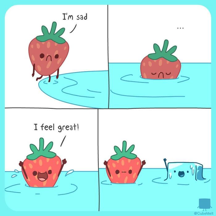 A comic strip showing an animated strawberry expressing emotions next to an ice cube, illustrating the struggles of an ice cube.
