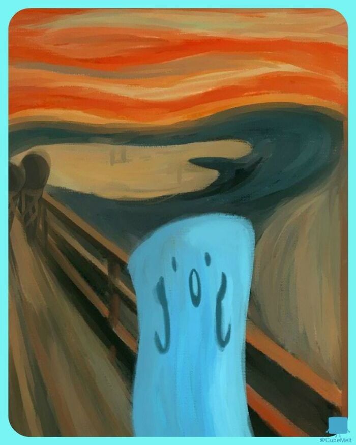 Blue ice cube character in a comedic illustration inspired by The Scream, depicting struggles of an ice cube.