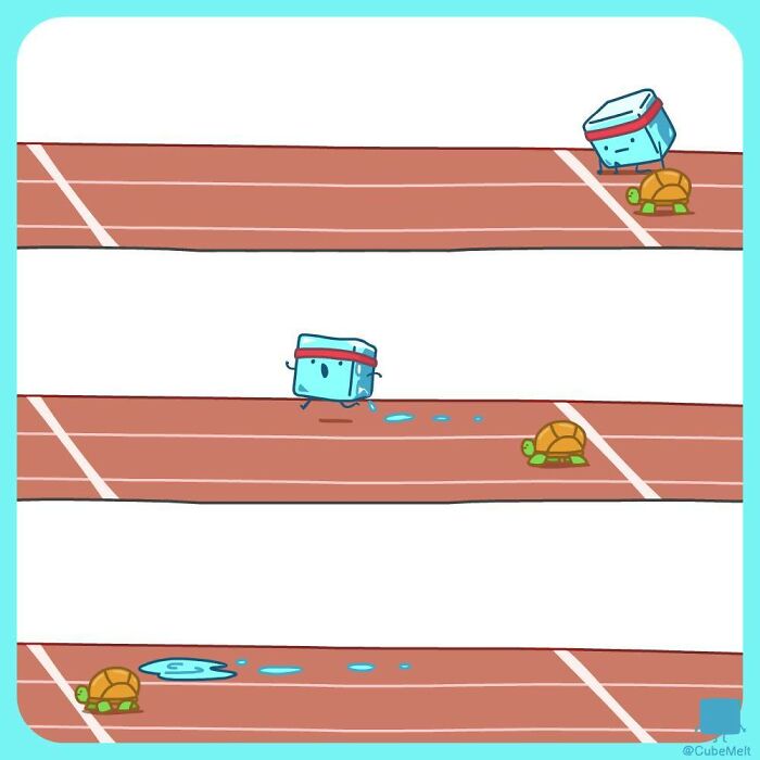 Cartoon comic of an ice cube struggling to race turtles on a running track, melting as it runs.