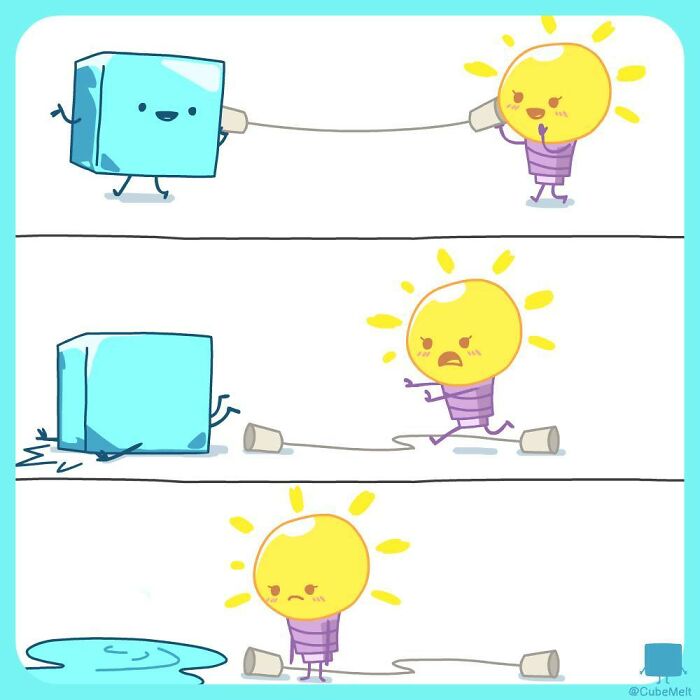 Comic strip showing an ice cube and a light bulb struggling with a broken string phone connection.