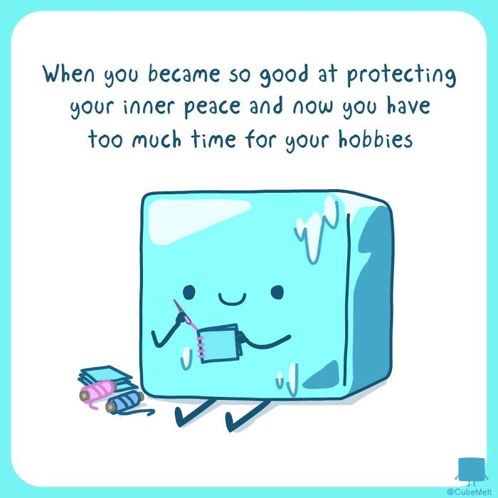 Cartoon ice cube enjoying hobbies and inner peace, representing struggles of an ice cube in a comic style illustration.