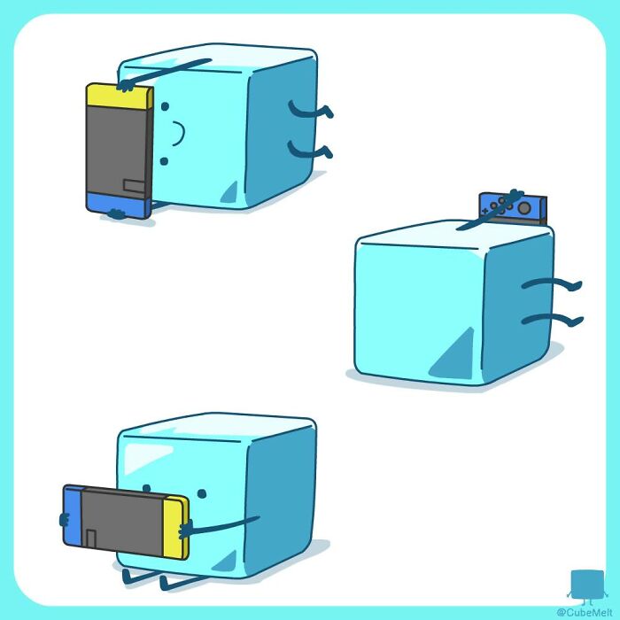 Three comics featuring an ice cube character, illustrating the struggles of an ice cube in different scenes.