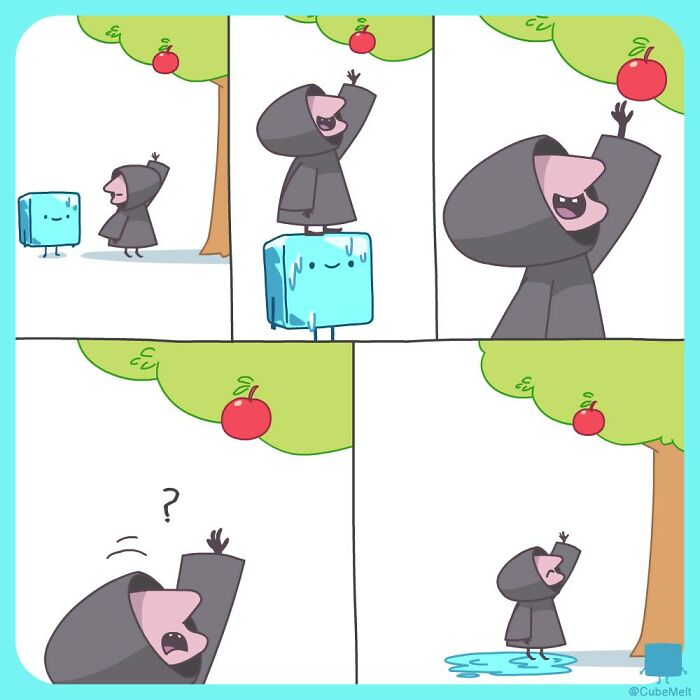 Comic panels showing an ice cube and a person struggling to reach and pick an apple from a tree branch.