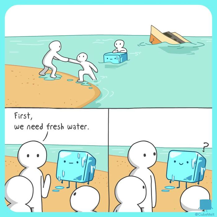 Comic featuring ice cube characters struggling in water and needing fresh water, illustrating the struggles of an ice cube artist's comics.