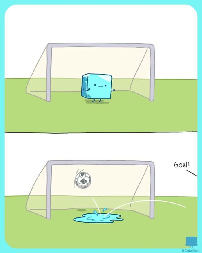 Comic of an ice cube struggling as it melts on a soccer field, illustrating the challenges faced by an ice cube.