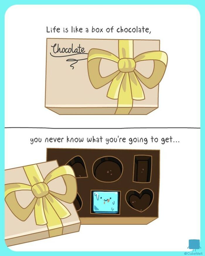 Comic panel showing a box of chocolates with one ice cube character inside, illustrating struggles of an ice cube.