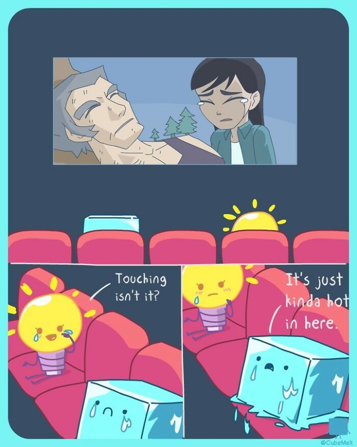 Comic panels showing an ice cube and sun struggling with heat and touching in a humorous cartoon style.