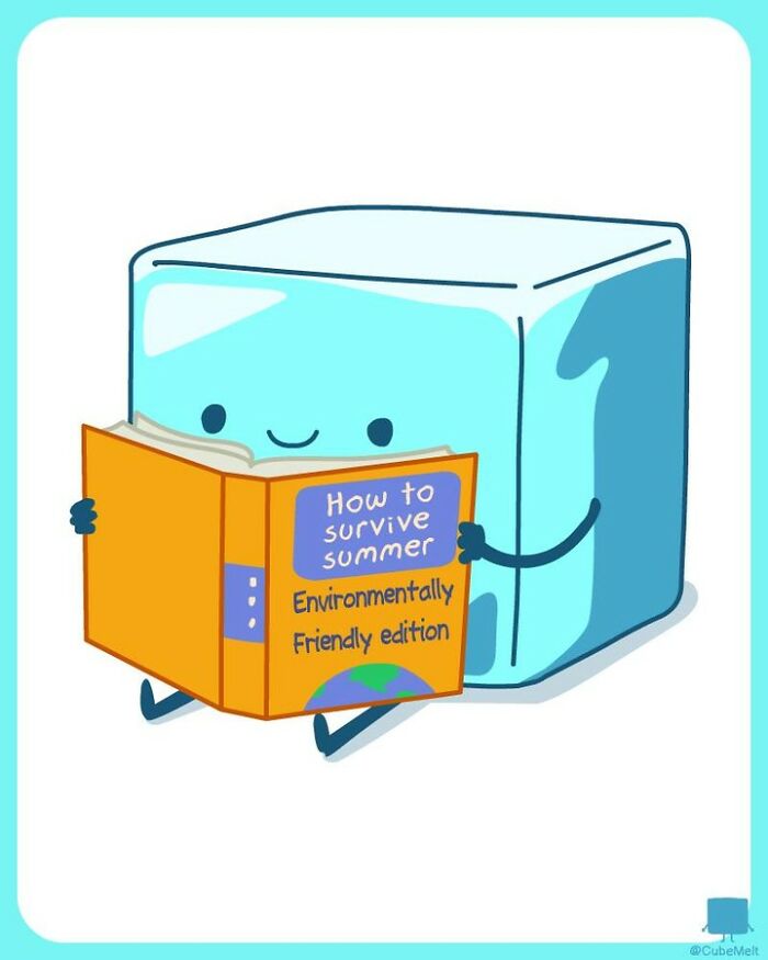 A cute cartoon ice cube reading a book titled How to survive summer, illustrating struggles of an ice cube.