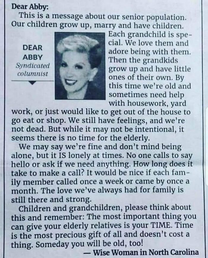 Dear Abby column about senior population and the importance of family time for elderly in good old days memories.