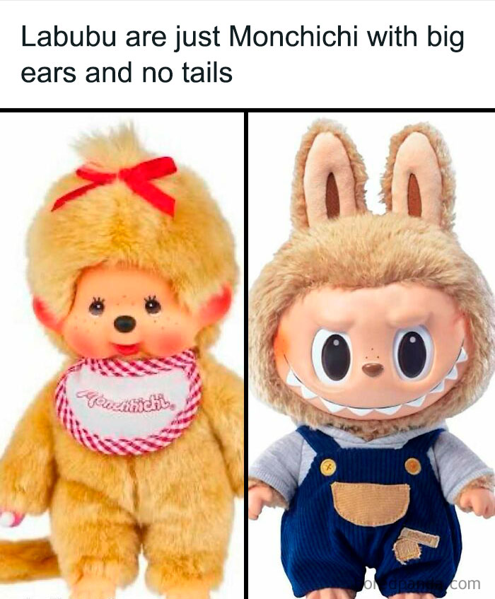 Two dolls side by side, with the Labubu doll wearing a bunny outfit and sharp teeth, sparking hilarious memes online.