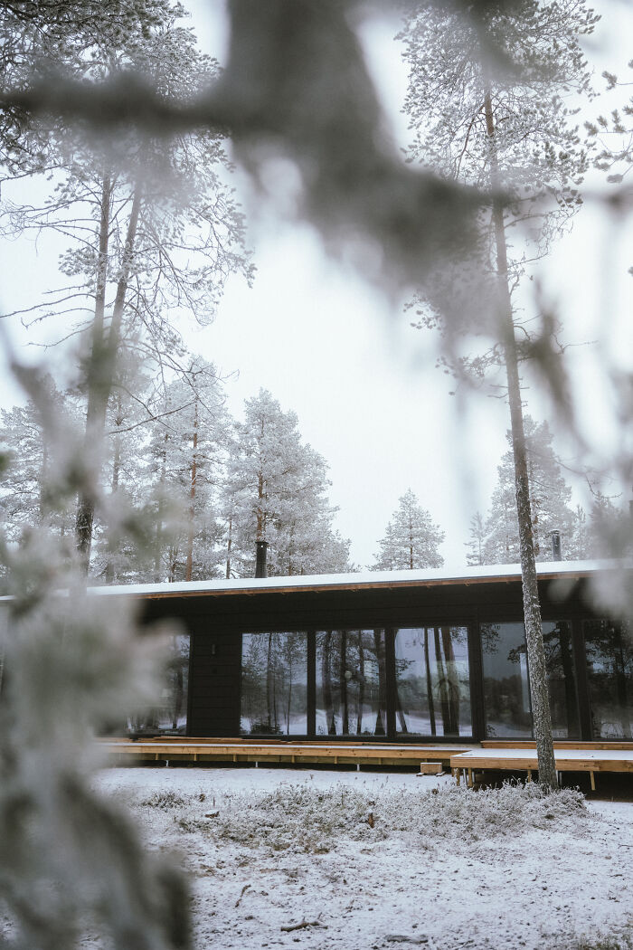 Modern cabin in the woods surrounded by snow and tall trees, offering a peaceful retreat from city life. Modern cabin in the woods surrounded by snow and tall trees, offering a peaceful retreat from city life.