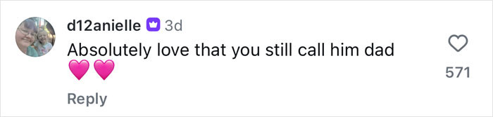 Comment on social media post saying absolutely love that you still call him dad with two pink heart emojis, related to Harry Potter stars reunion. Comment on social media post saying absolutely love that you still call him dad with two pink heart emojis, related to Harry Potter stars reunion.