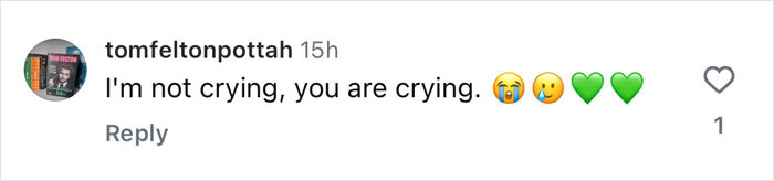 Comment from Tom Felton expressing emotional reaction with crying emojis and green heart emojis on social media post about Harry Potter stars reunion. Comment from Tom Felton expressing emotional reaction with crying emojis and green heart emojis on social media post about Harry Potter stars reunion.