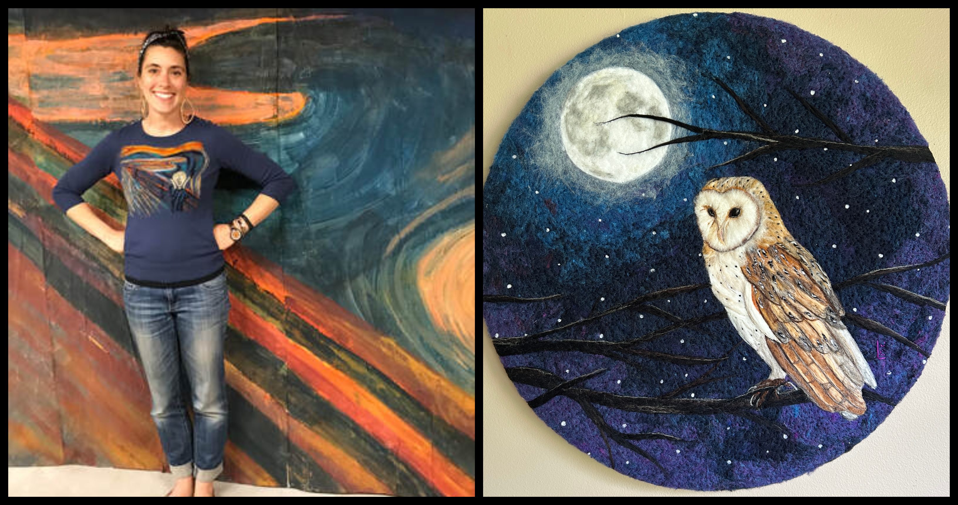Jessica Cavaliere standing next to a detailed fiber artwork of an owl on a branch under a full moon at night.