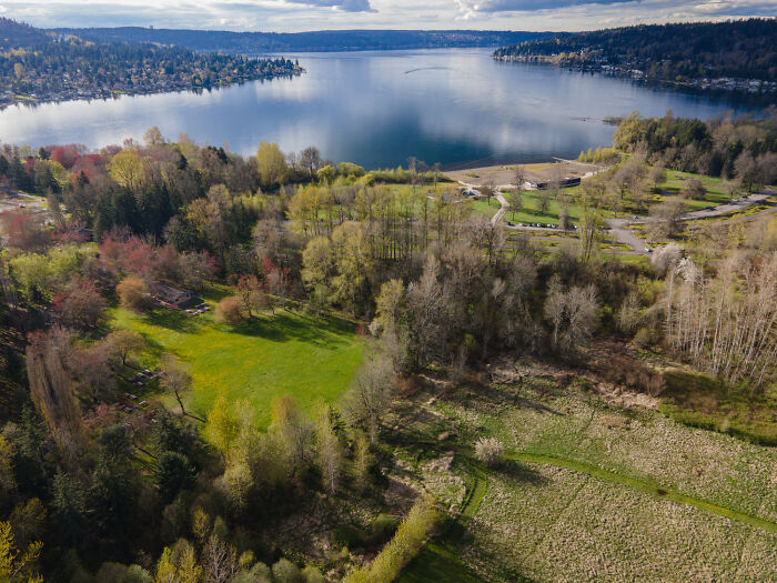 Aerial view of a scenic lakeside area with trees and open fields in one of the best places to live in the USA.