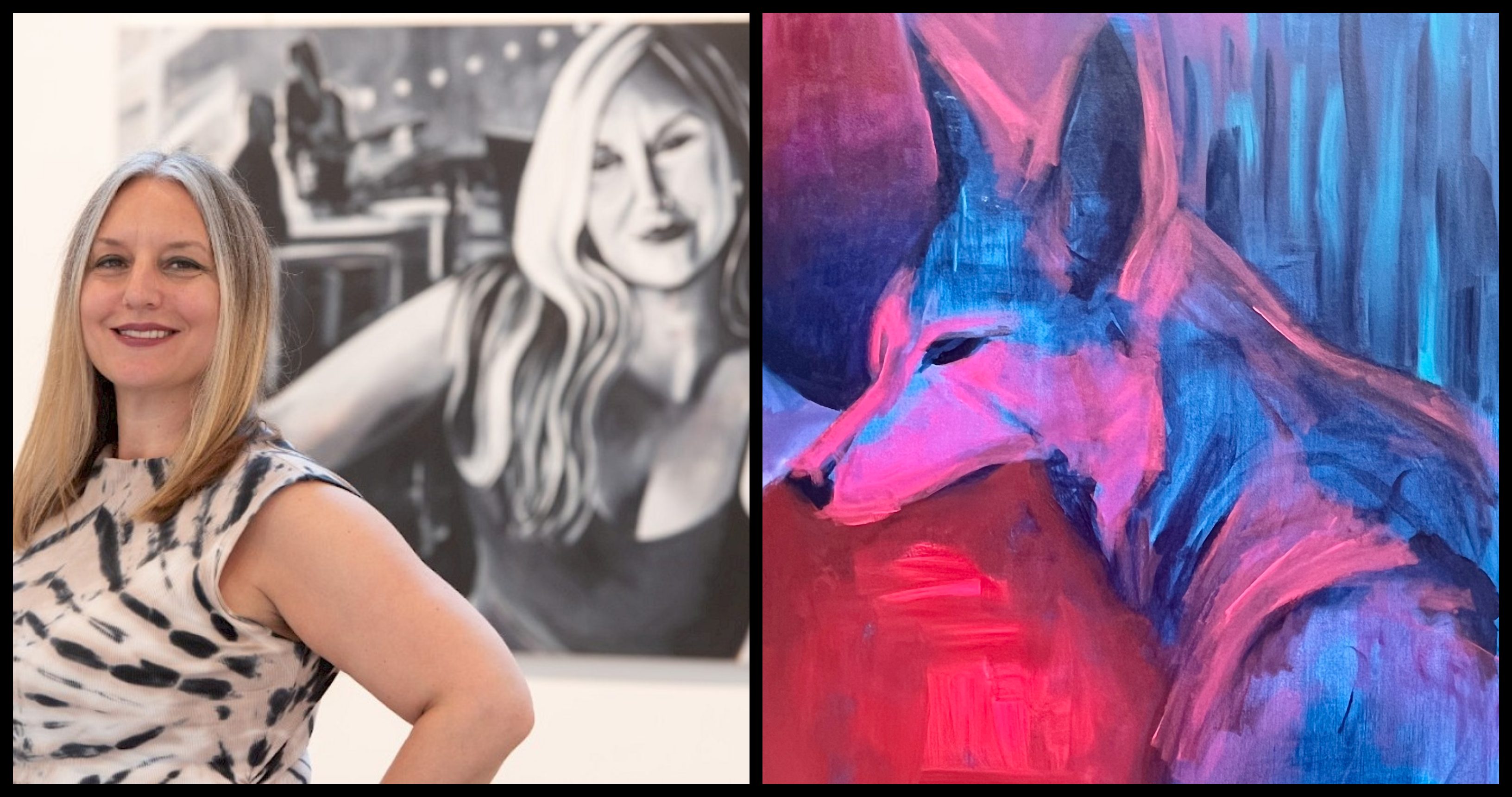 Monique Ford smiling beside her vibrant wolf painting showcasing the spirit of wolves through bold colors and brushstrokes.