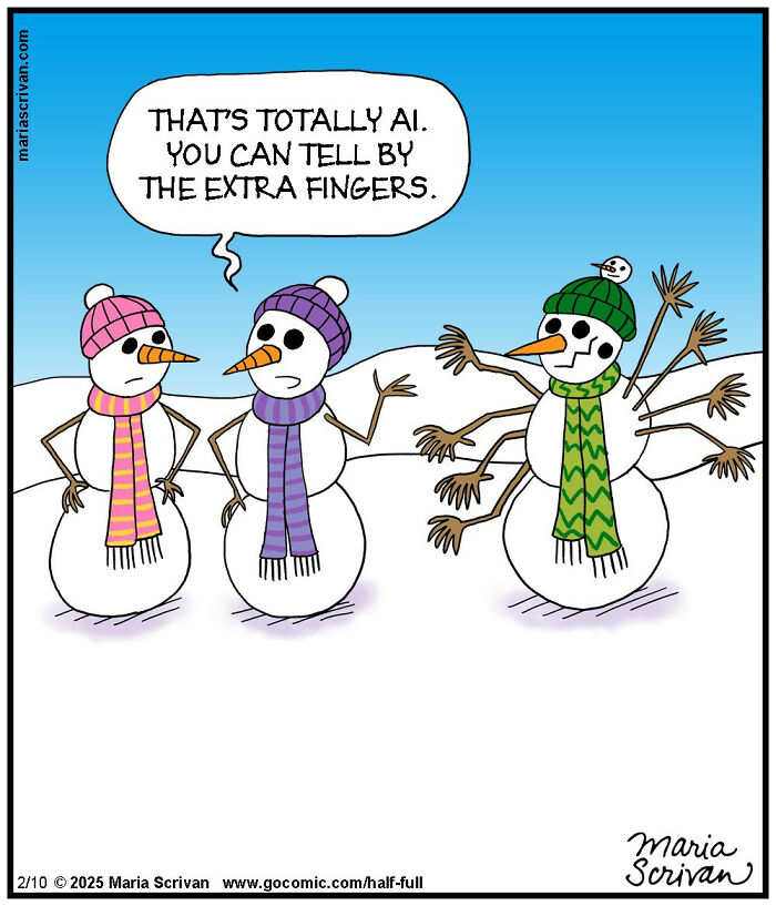 Funny comics with snowman characters in absurd situations featuring extra fingers and AI-themed humor in a winter setting.