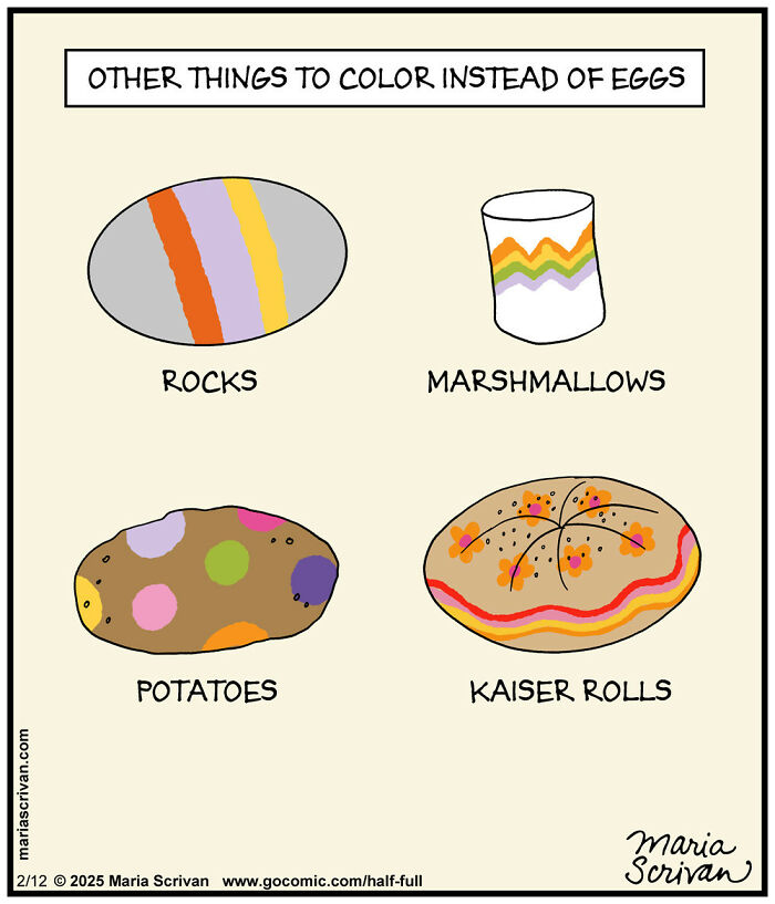 Comic illustrating funny characters coloring rocks, marshmallows, potatoes, and kaiser rolls instead of eggs in absurd situations.