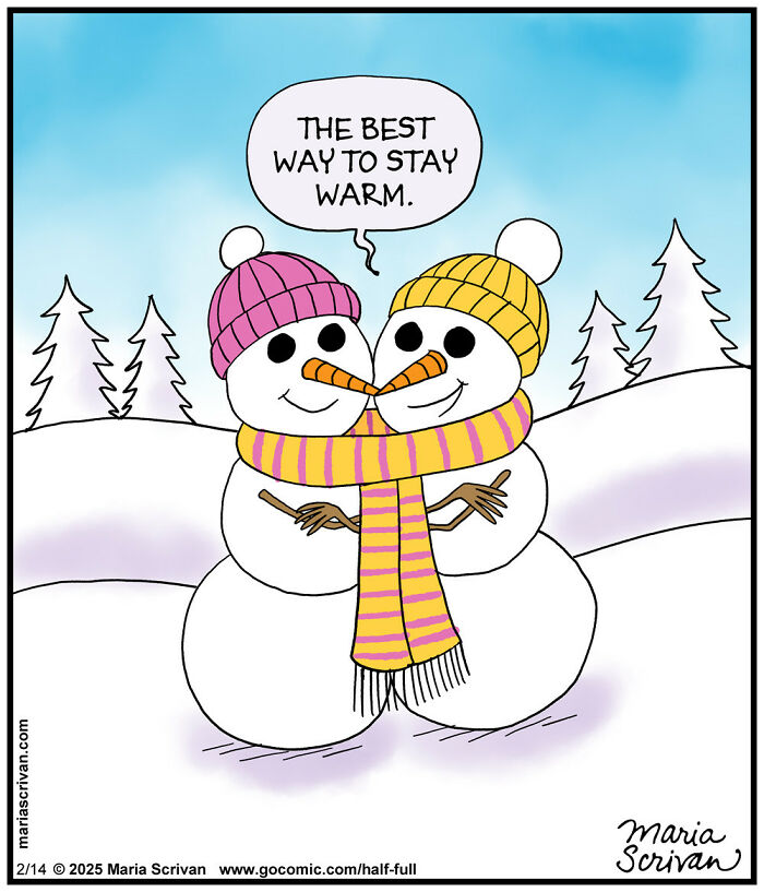 Two funny snowman characters hugging with a shared scarf in a snowy landscape, a comic with absurd situations.