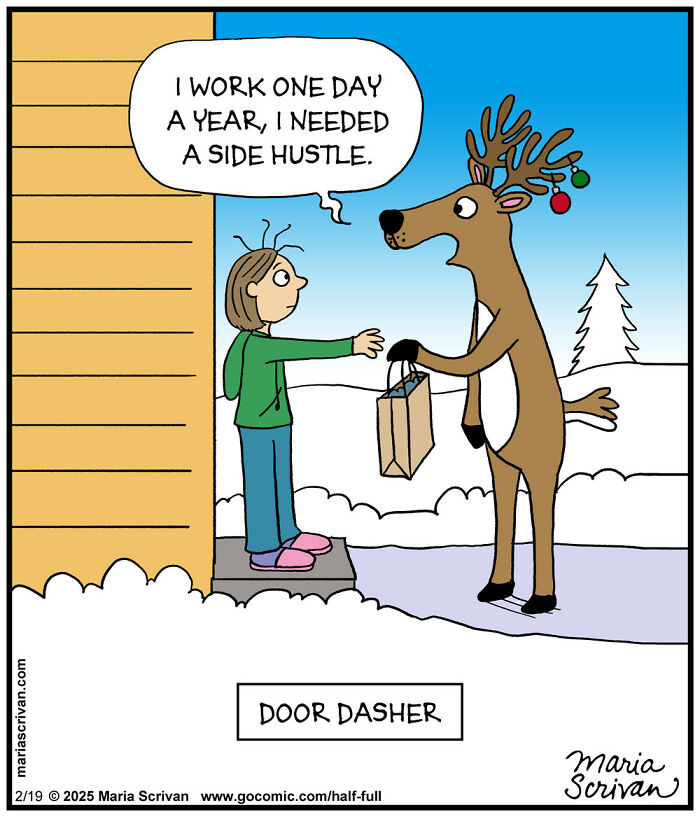 Funny comic with humorous characters showing a reindeer delivering a side hustle order in a snowy setting