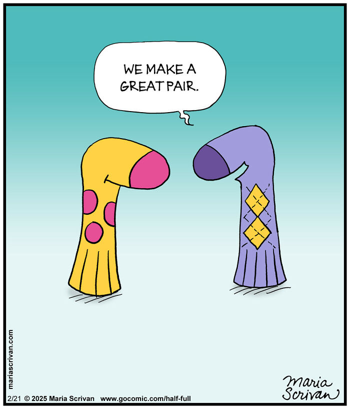 Two funny characters in a comic with absurd situations, a yellow and a purple sock saying we make a great pair.