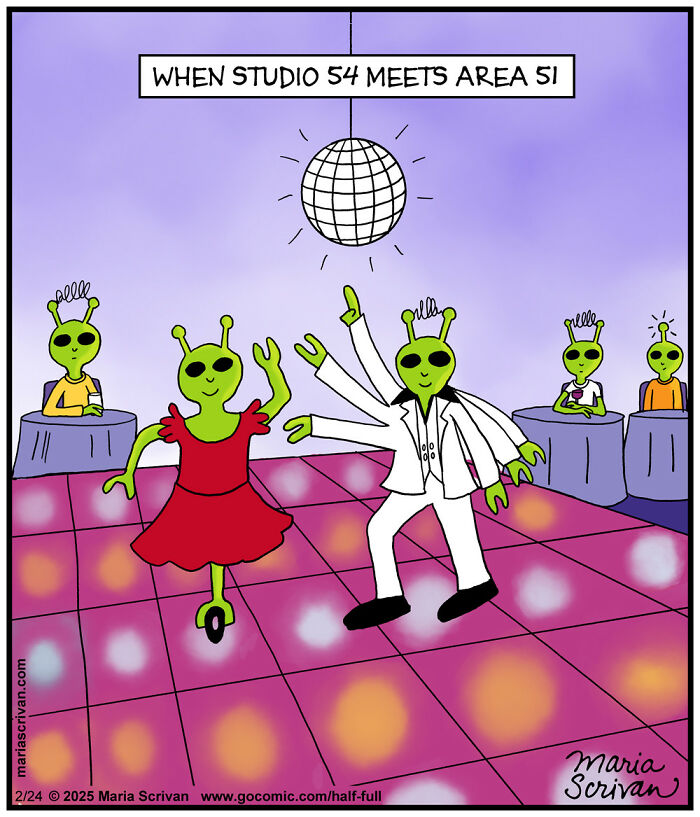 Green aliens dancing under a disco ball in a hilarious comic featuring funny characters and absurd situations.