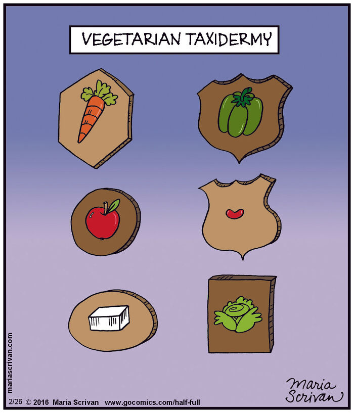 Hilarious comic by Maria Scrivan showing absurd situations with funny characters and vegetarian taxidermy vegetable plaques.