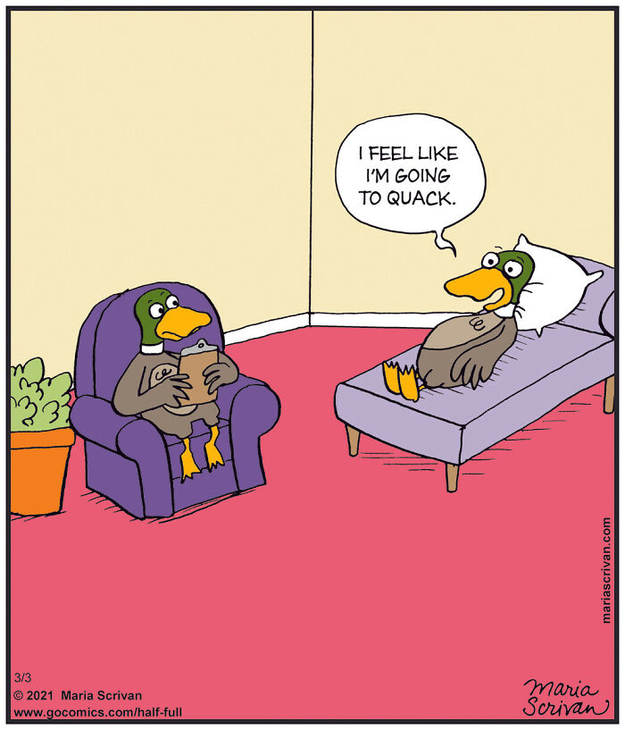 Comic featuring funny characters with absurd situations showing two ducks in a humorous therapy session.