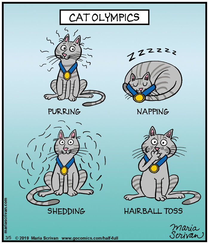 Comic featuring funny characters with cats in absurd situations like purring, napping, shedding, and hairball toss.