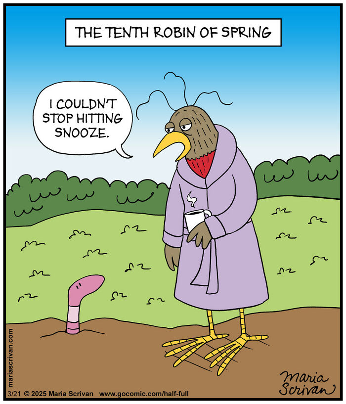 Comic featuring funny characters with a bird in a robe holding coffee, humorously addressing oversleeping in an absurd situation.